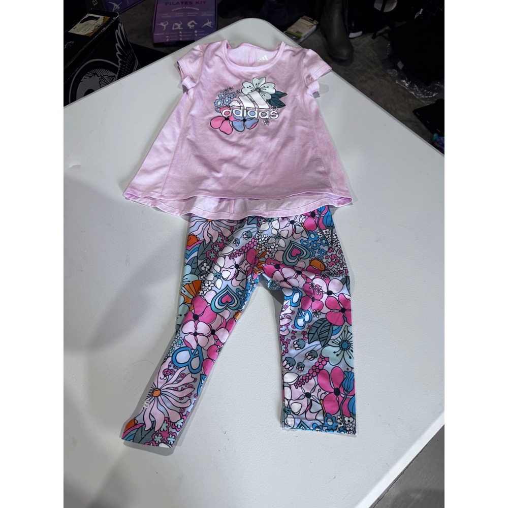 Adidas Girls Pink Floral Logo Tunic Top and Leggings 2 Piece Set Size 4